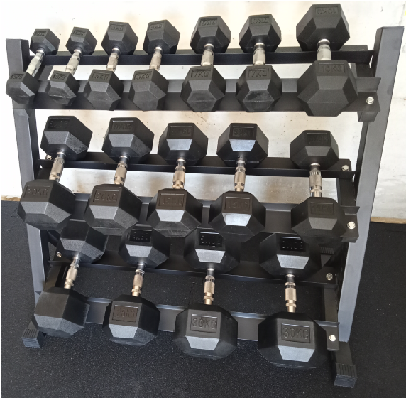 Set Exagonali gommatizzati di 2,5 - 40 kg con un supporto